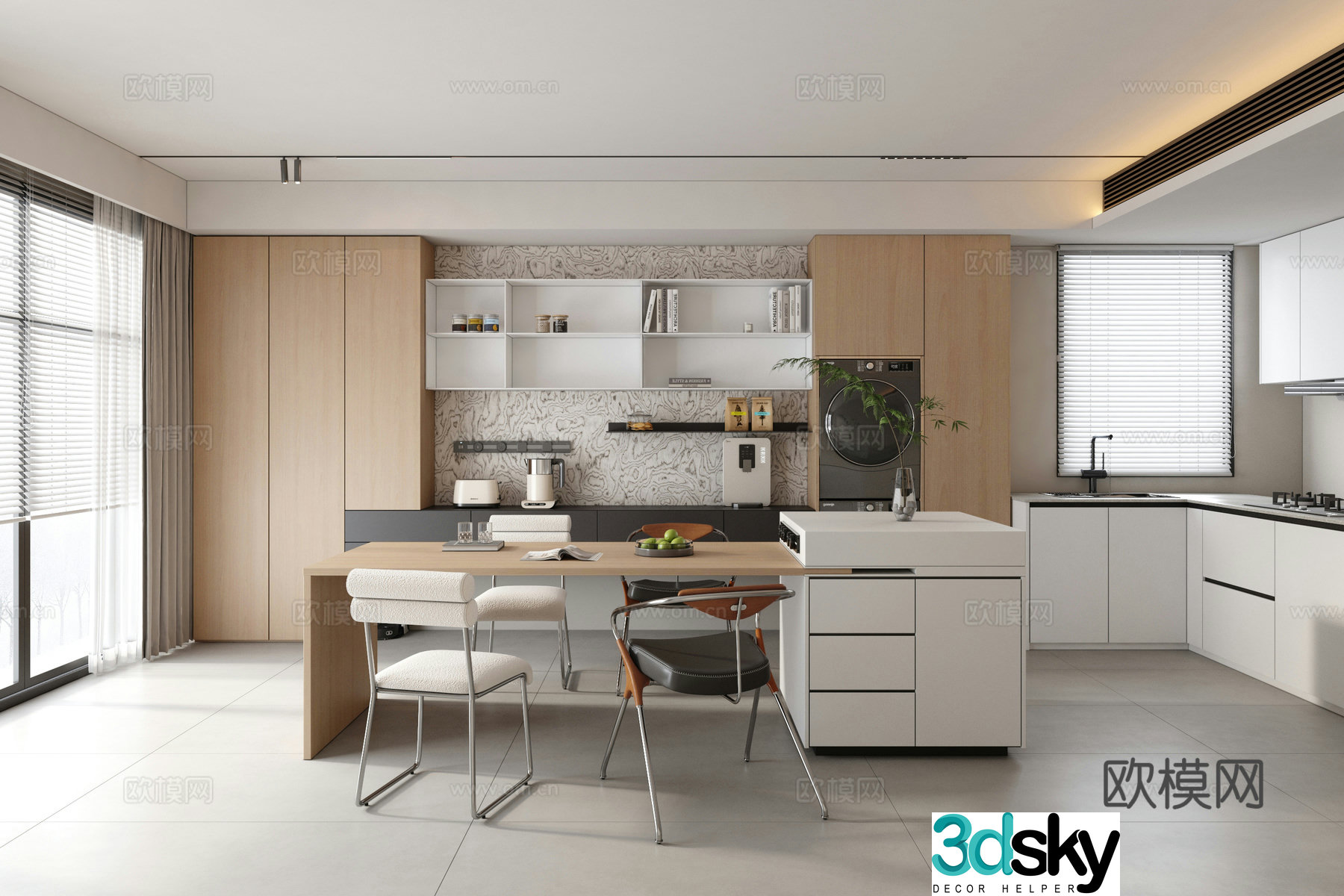 Modern minimalist island restaurant island dining table and chairs Log-wind island restaurant 3D model