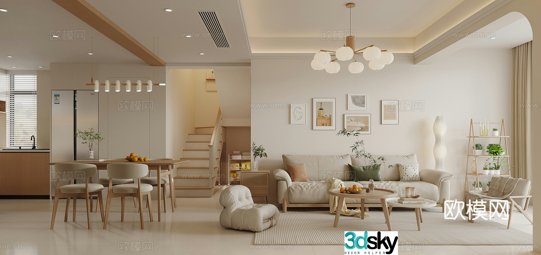 Log Creamy Style Villa Living and Dining 3D Model