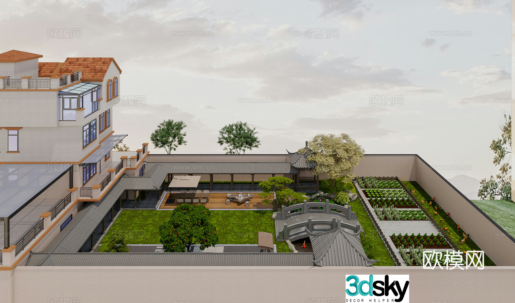 New Chinese style courtyard Villa courtyard landscape Fish pond water view New Chinese style corridor 3D model