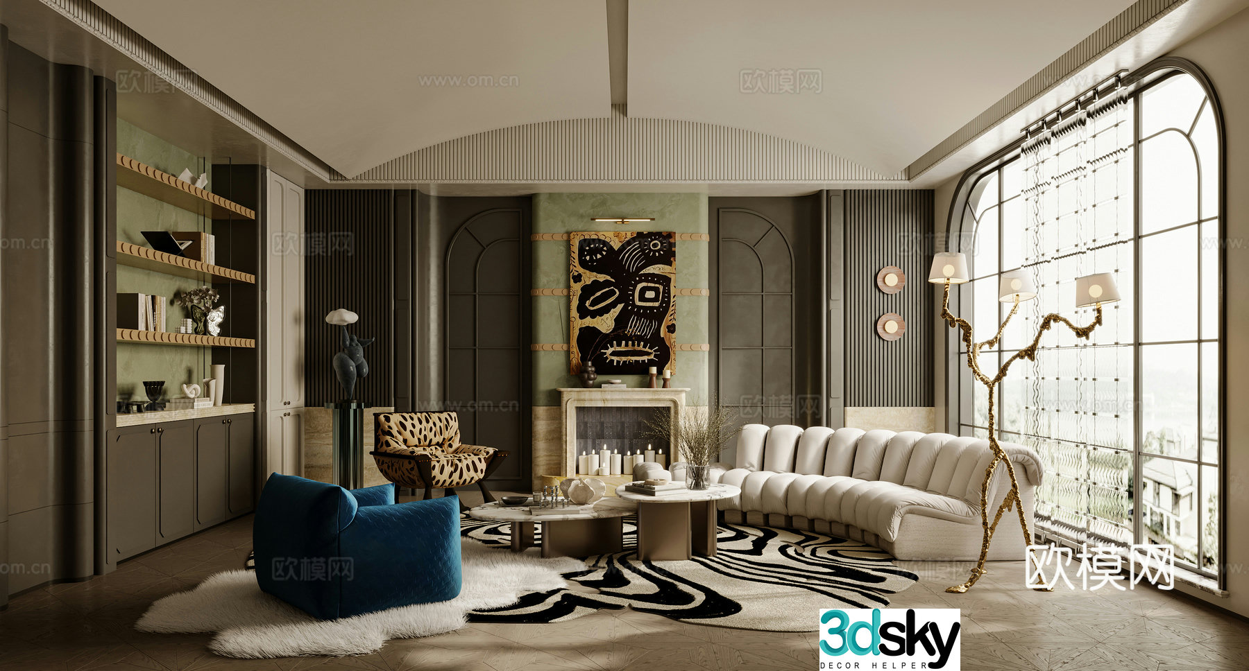 French living room sofa coffee table combination single sofa curved sofa side table 3D model