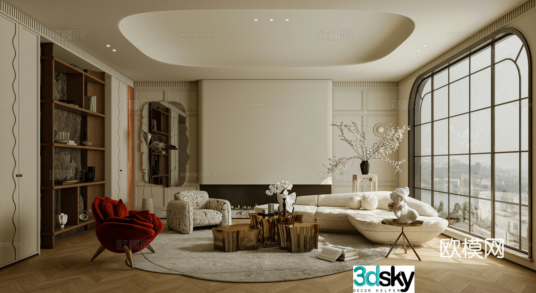 French living room sofa coffee table combination single sofa curved sofa side table 3D model