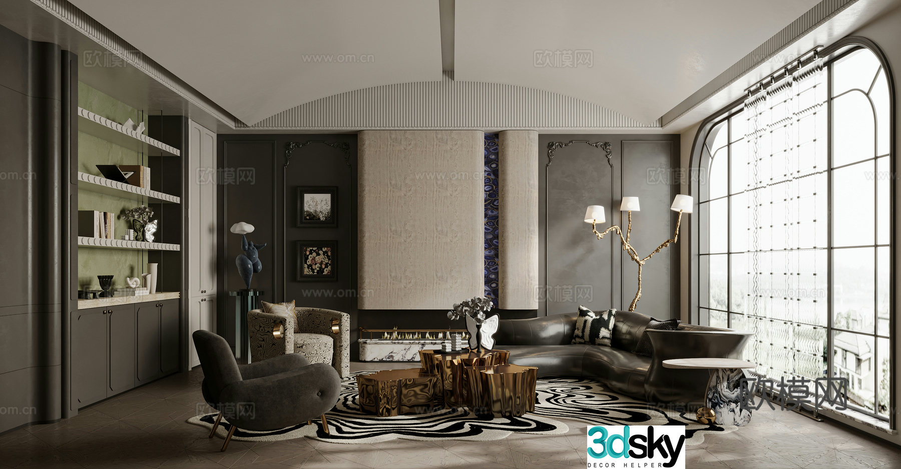 French living room sofa coffee table combination single sofa curved sofa side table 3D model