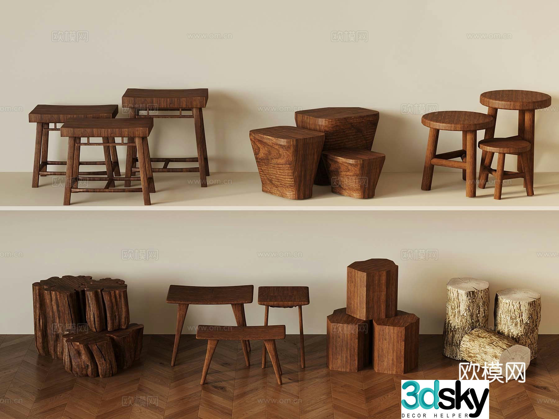 New Chinese stool wooden stool round stool wood 3d model