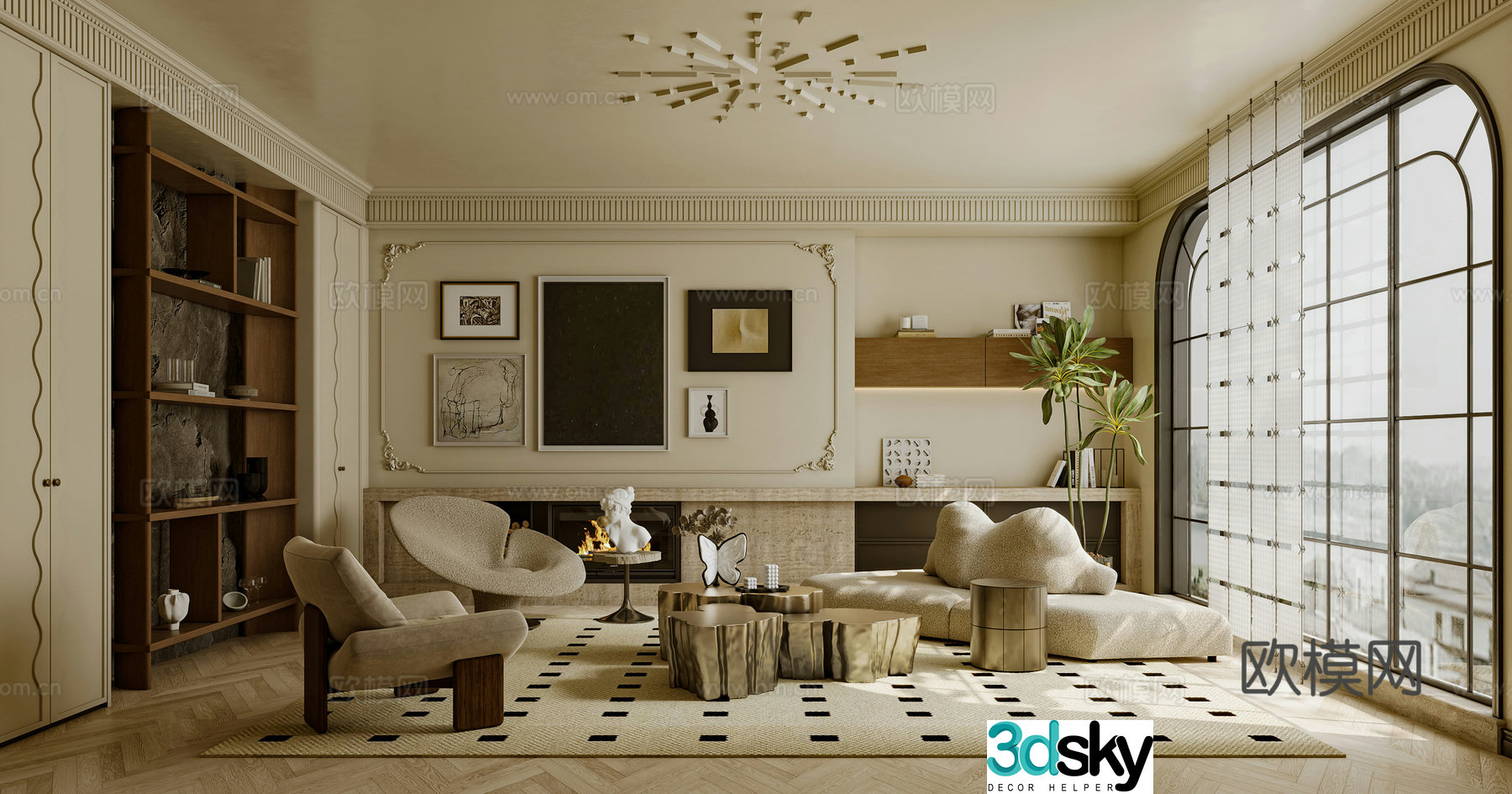 French living room sofa coffee table combination single sofa curved sofa side table 3D model