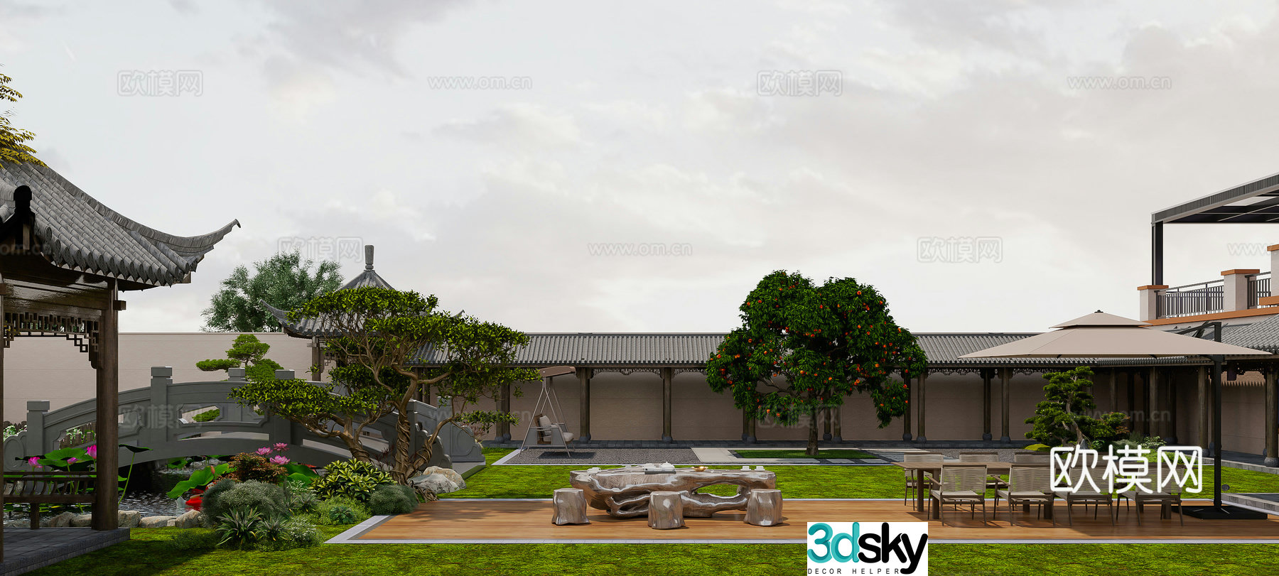 New Chinese style courtyard Villa courtyard landscape Fish pond water view New Chinese style corridor 3D model