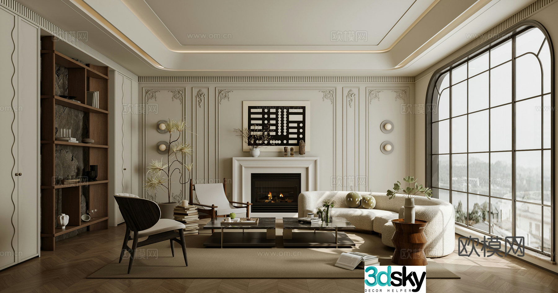 French living room sofa coffee table combination single sofa curved sofa side table 3D model