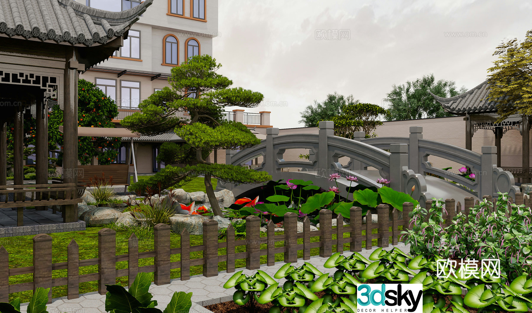 New Chinese-style fish pond courtyard landscape fish pond landscape small bridge lotus 3d model