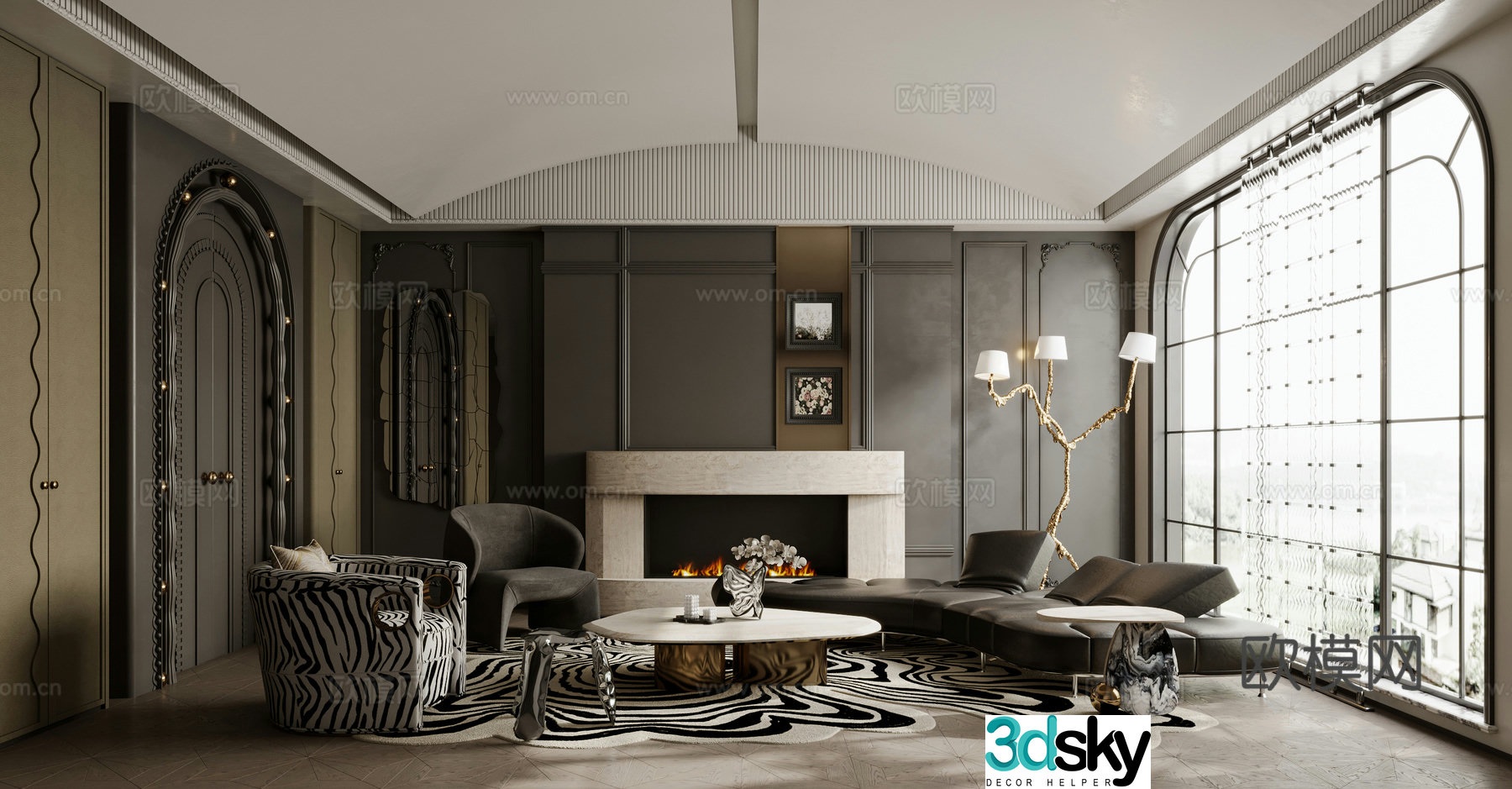 French living room sofa coffee table combination single sofa curved sofa side table 3D model