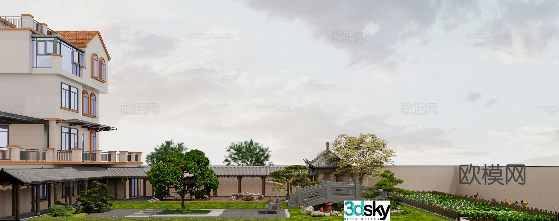 New Chinese style courtyard Villa courtyard landscape Fish pond water view New Chinese style corridor 3D model