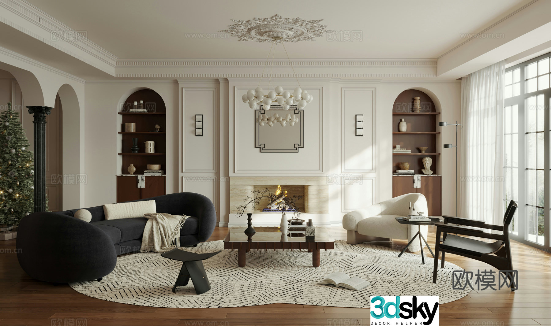 French retro style living room horizontal hall large flat floor high-grade gray living room 3D model