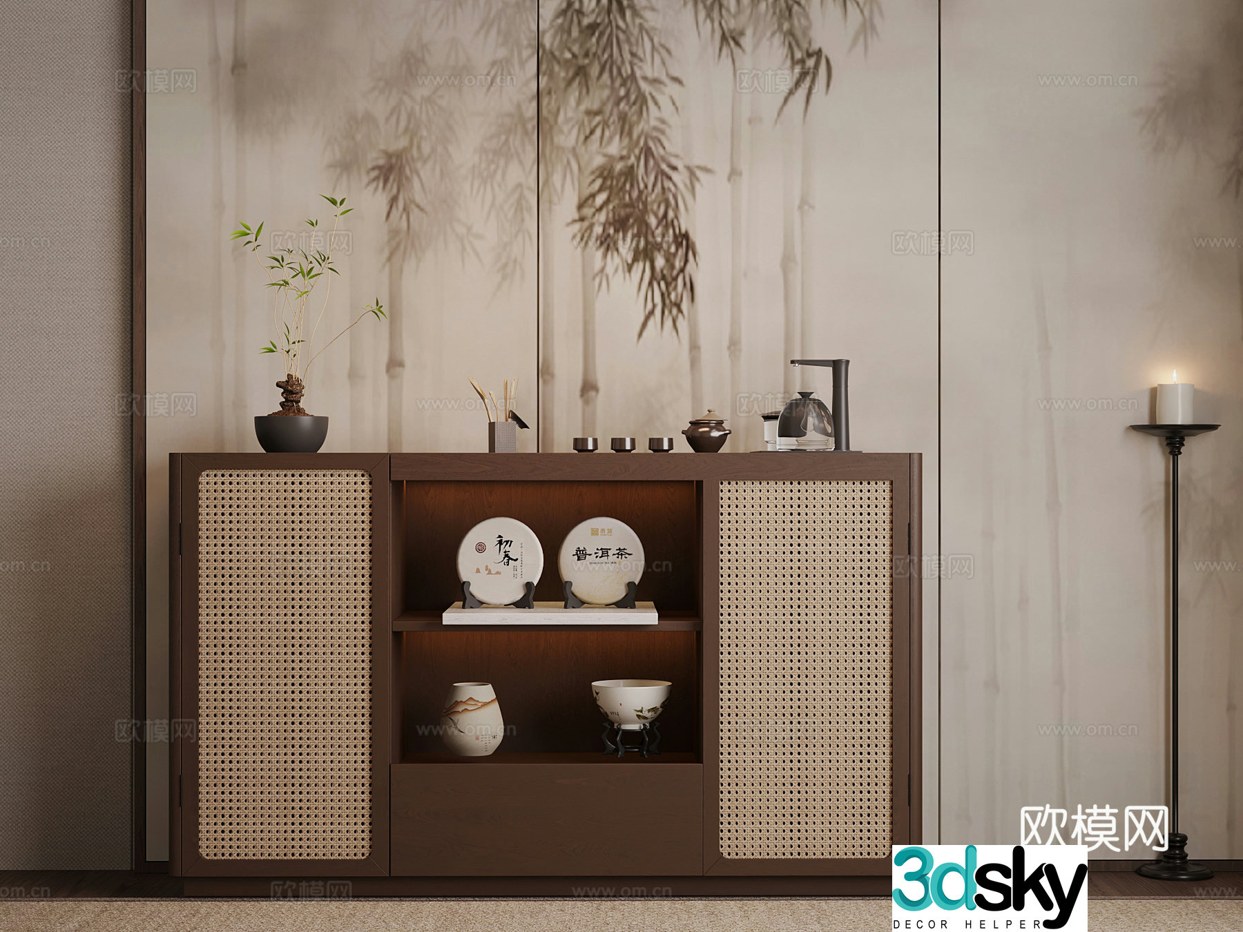 Tea cabinet new Chinese-style solid wood tea cabinet tea set 3D model