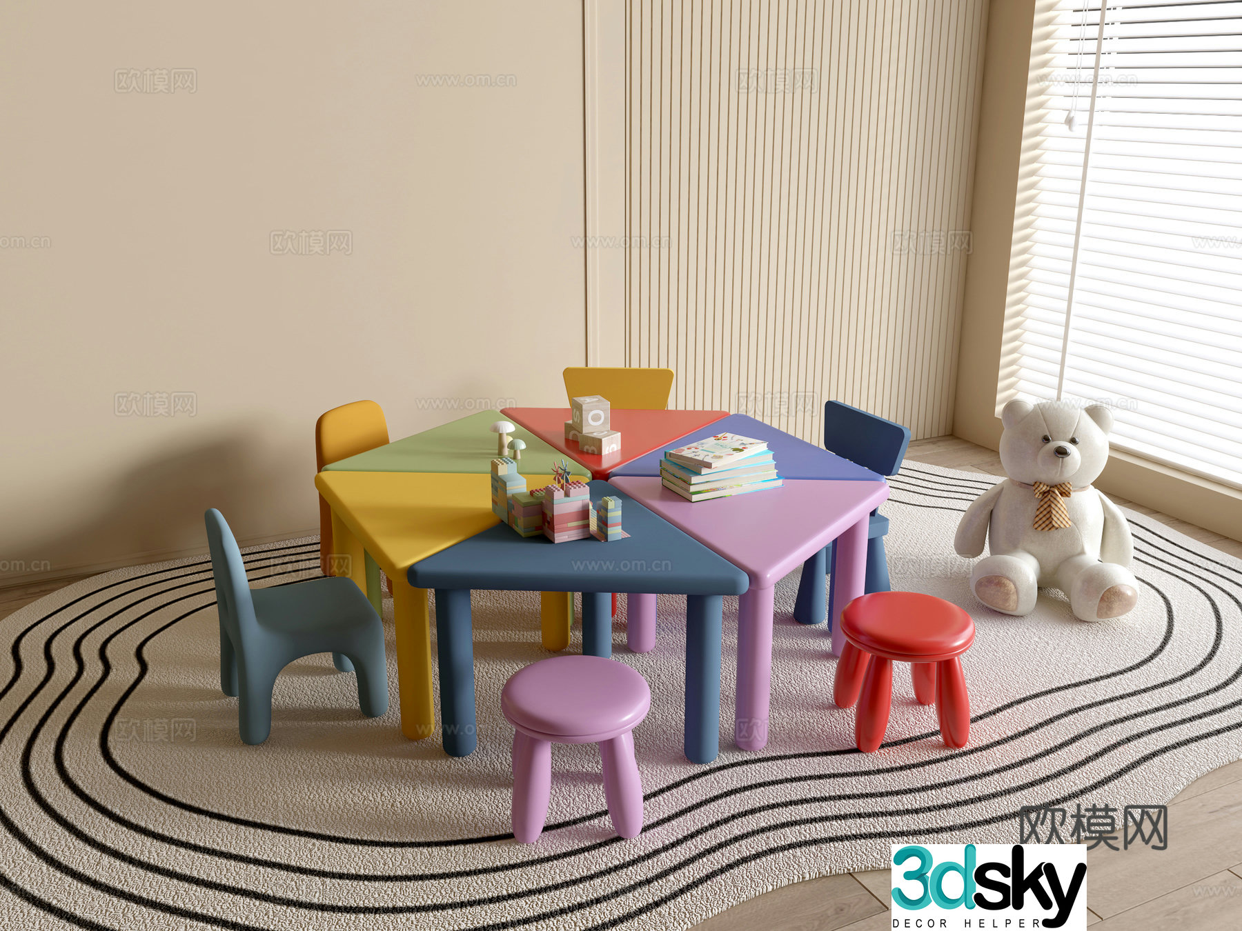 Modern kindergarten table and chairs kindergarten toys child seat combination children’s handmade table cartoon table 3d model