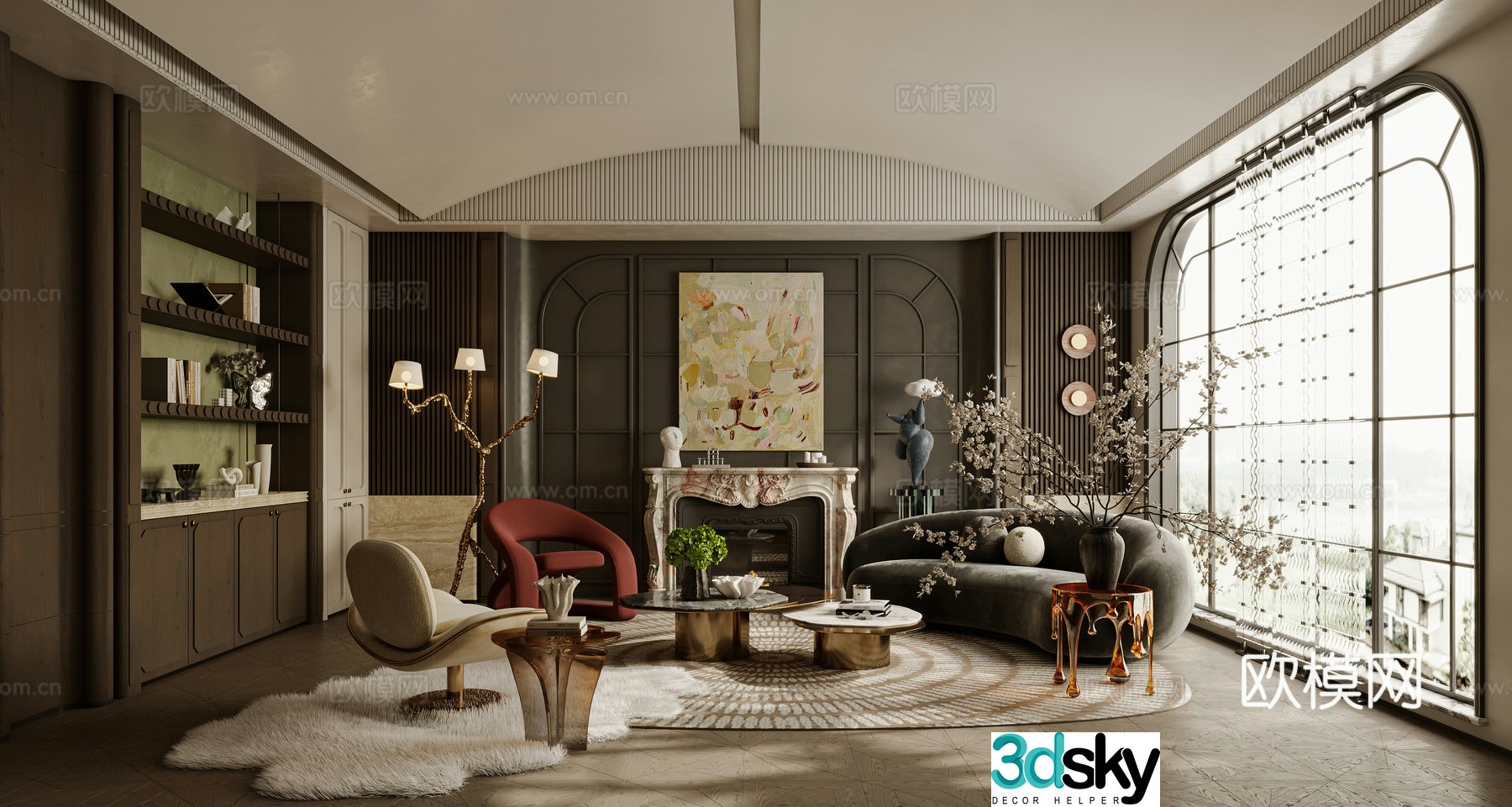 French living room sofa coffee table combination single sofa curved sofa side table 3D model