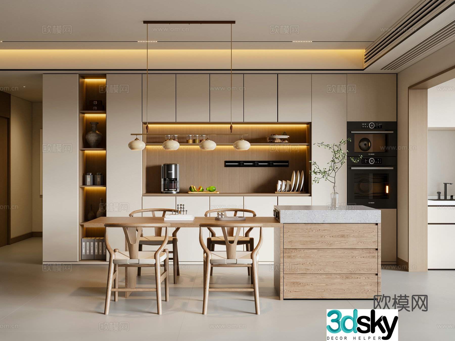 New Chinese Song style restaurant dining table and chair chandeliers sideboard wine cabinet 3D model