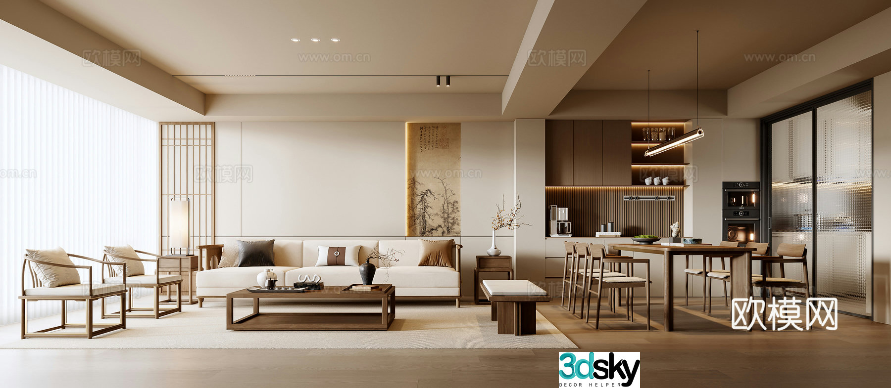 New Chinese style living and dining room 3D model