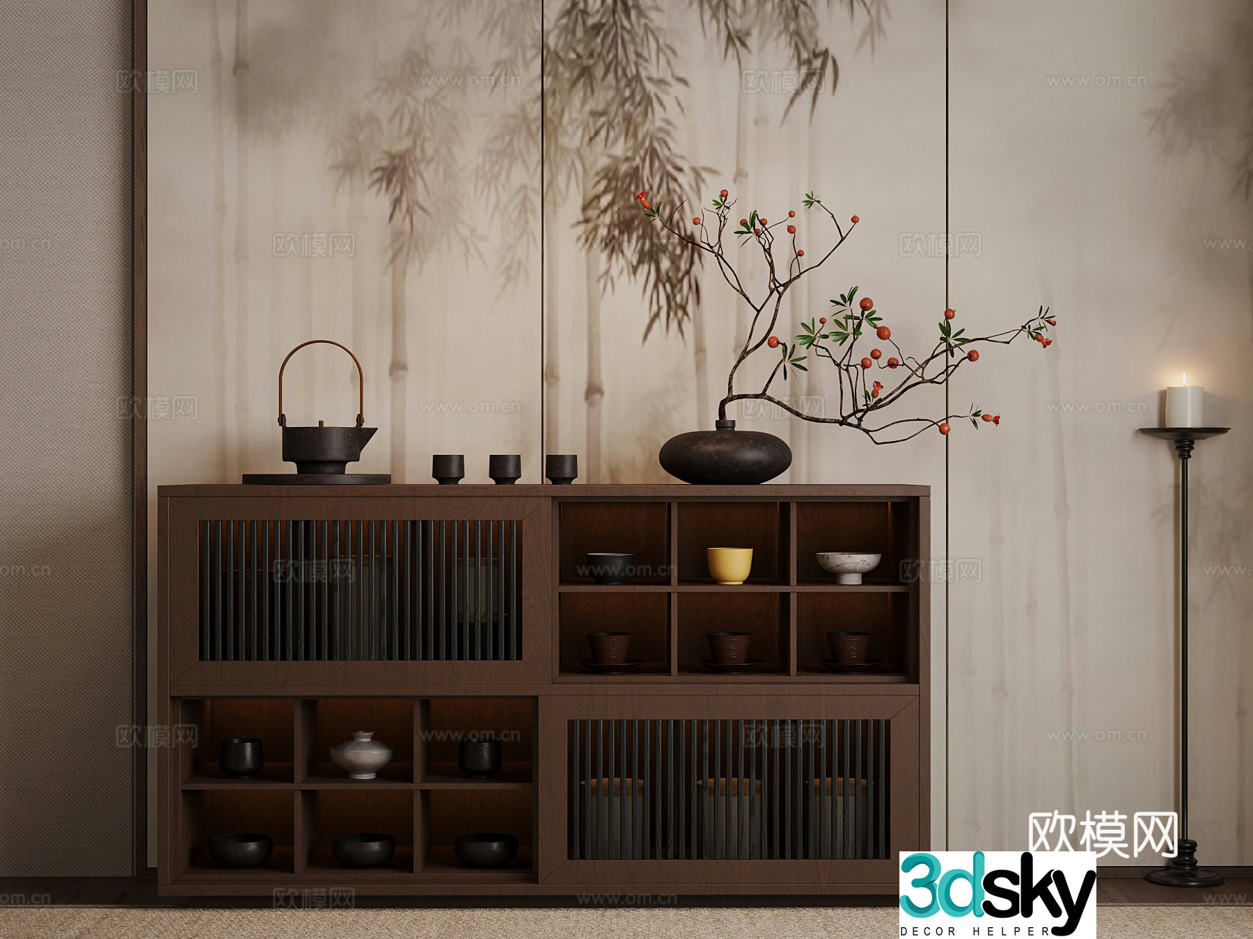 Tea cabinet new Chinese-style solid wood tea cabinet tea set 3D model
