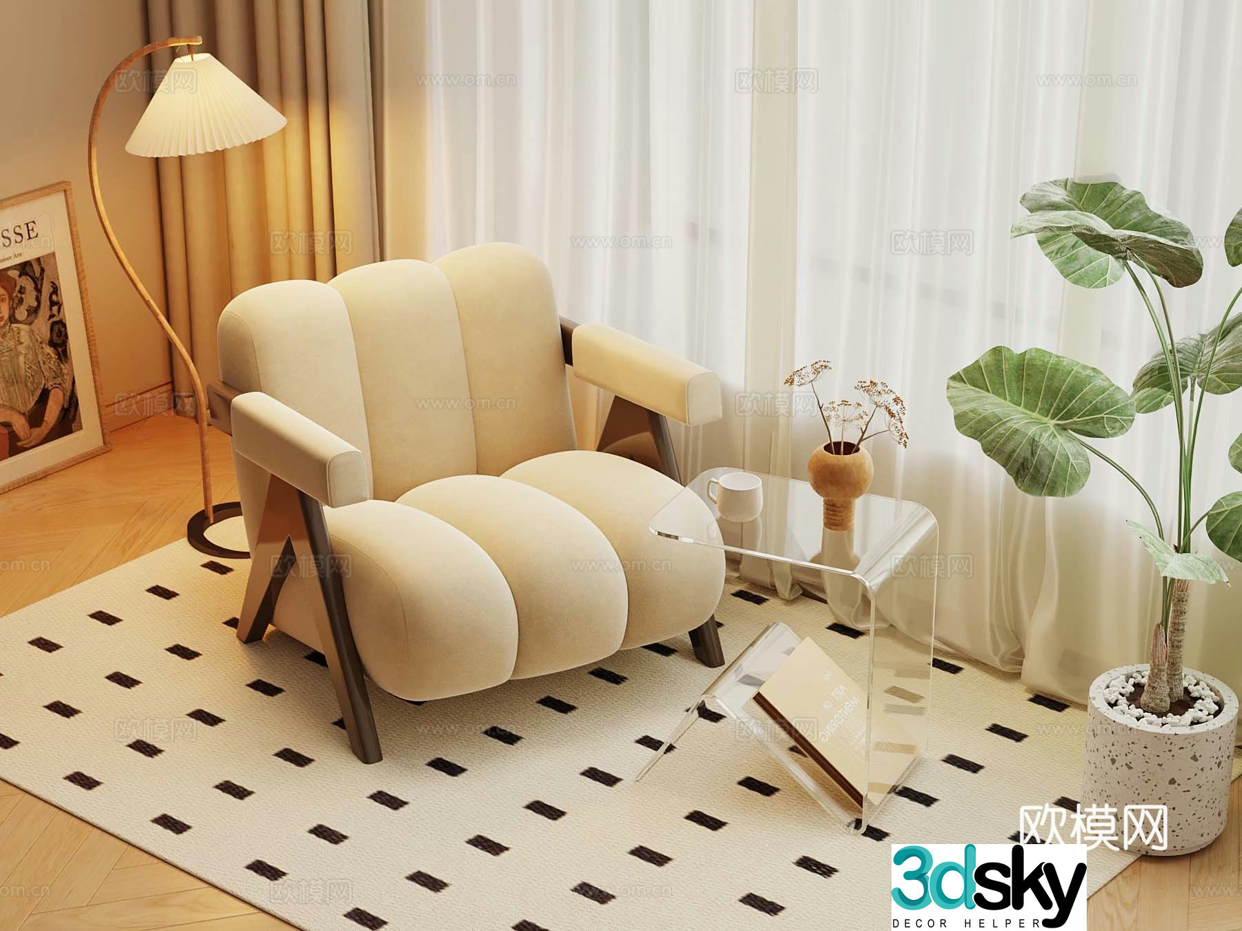 Modern cream style leisure chair lazy sofa floor lamp 3d model