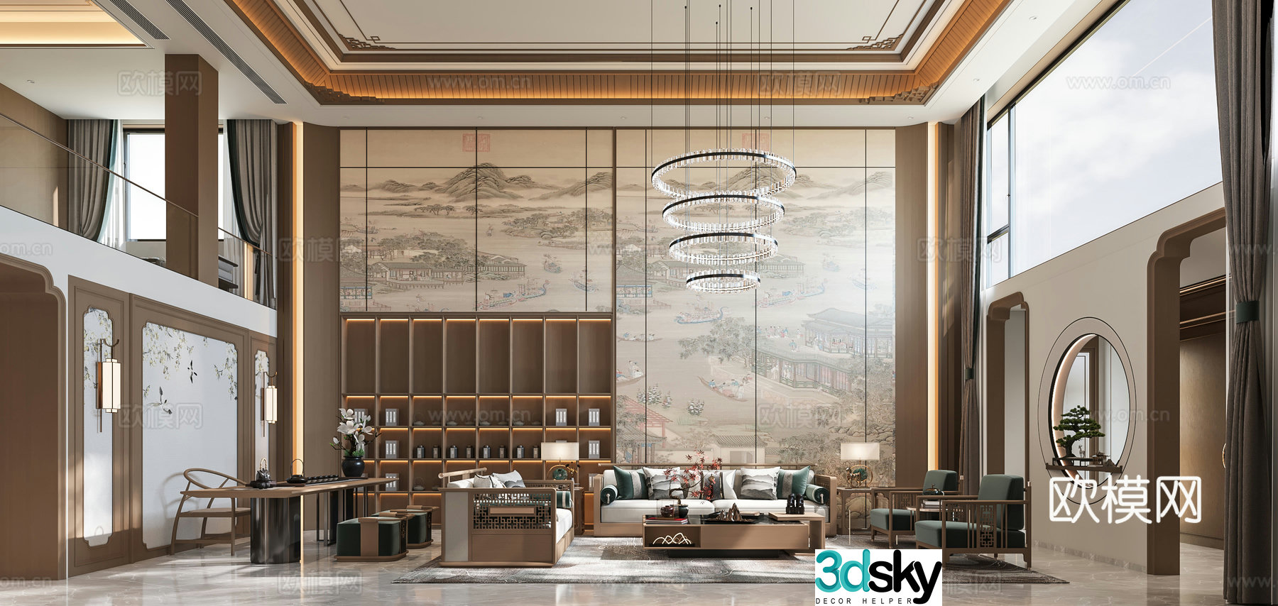 New Chinese style living and dining room empty villa high villa TV background wall 3D model