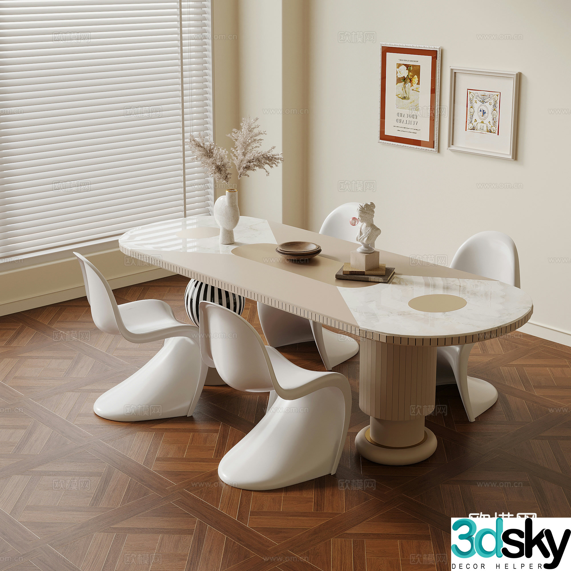 Dining table and chair French cream style dining table and chair 3d model