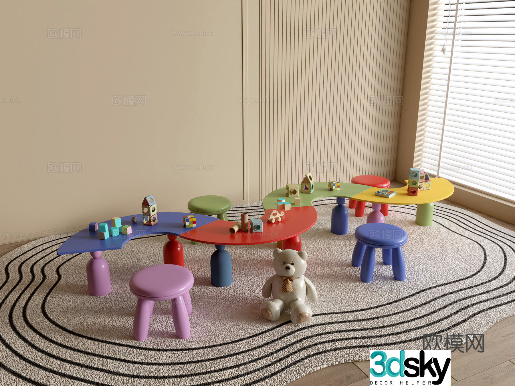 Modern kindergarten table and chairs kindergarten toys child seat combination children’s handmade table cartoon table 3d model