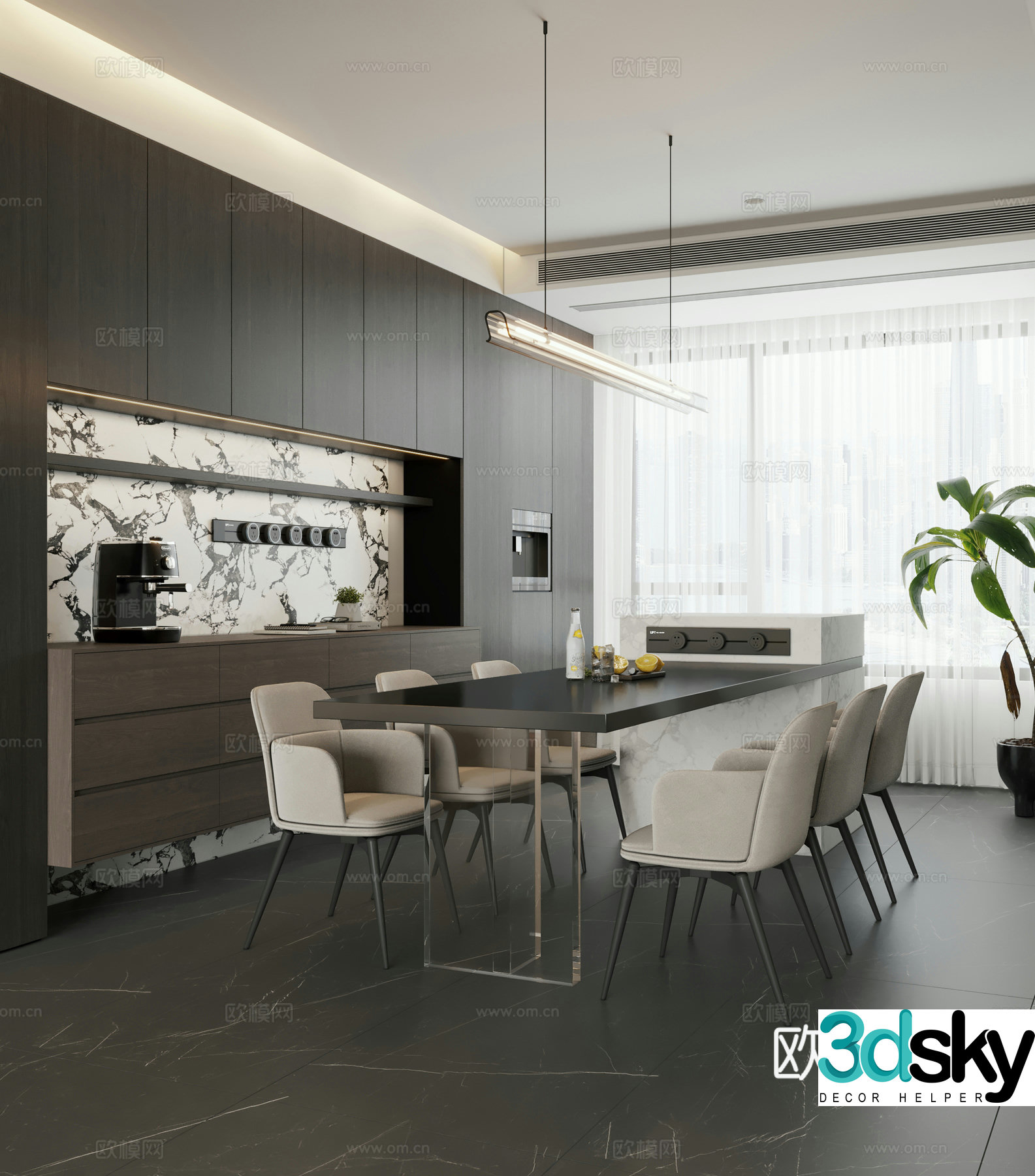 Italian island restaurant island dining table and chair 3D model