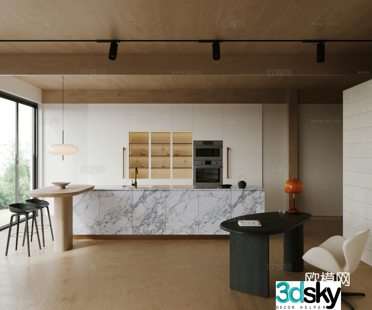 Modern home restaurant Island restaurant Villa water bar open restaurant Premium gray restaurant 3d model