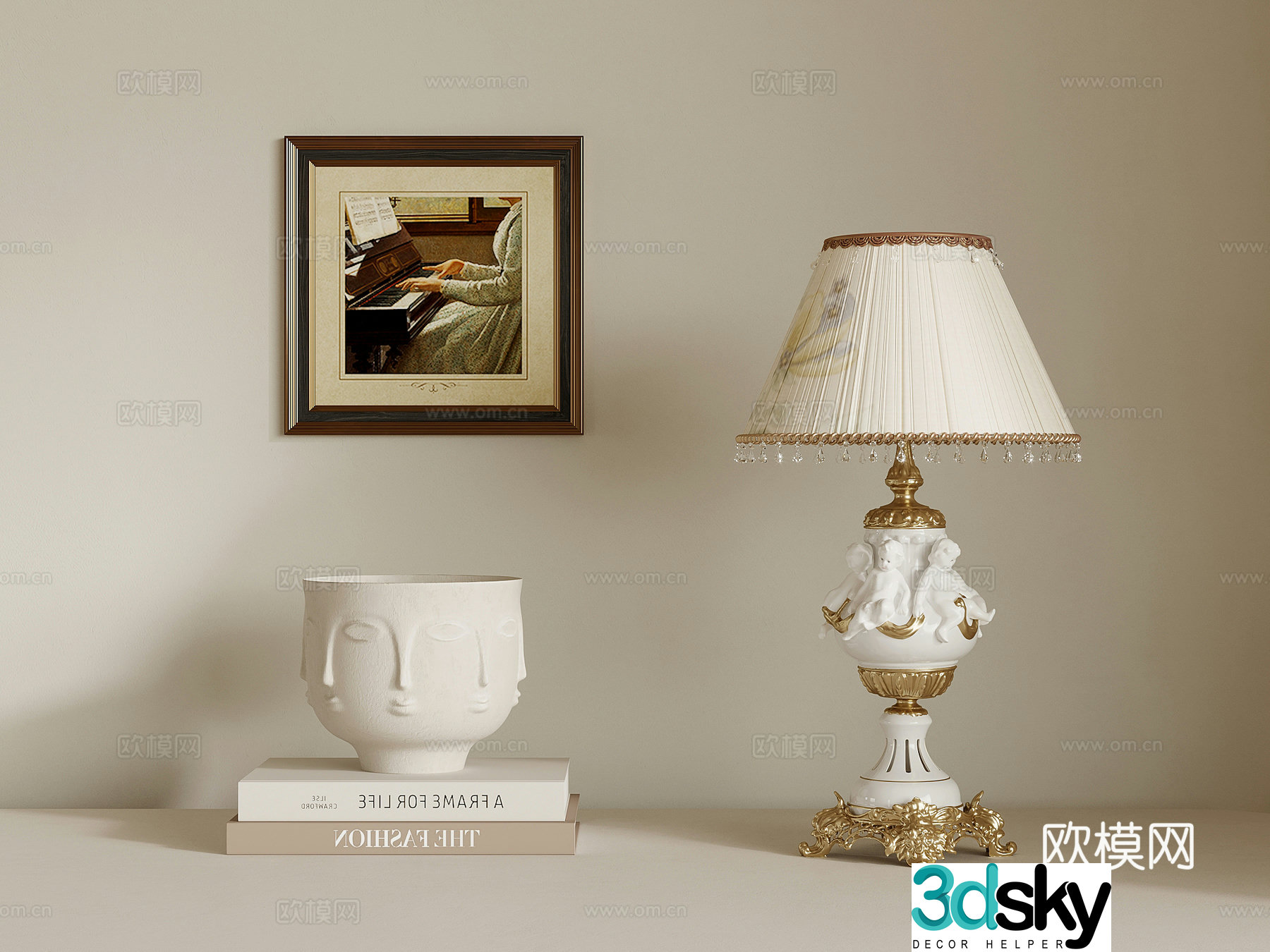 Table lamp French retro style table lamp Book ornaments Hanging painting 3D model