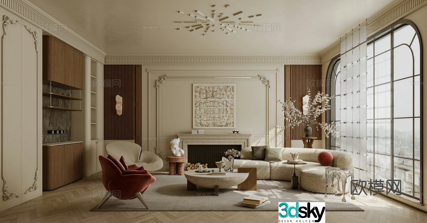 French living room sofa coffee table combination single sofa curved sofa side table 3D model