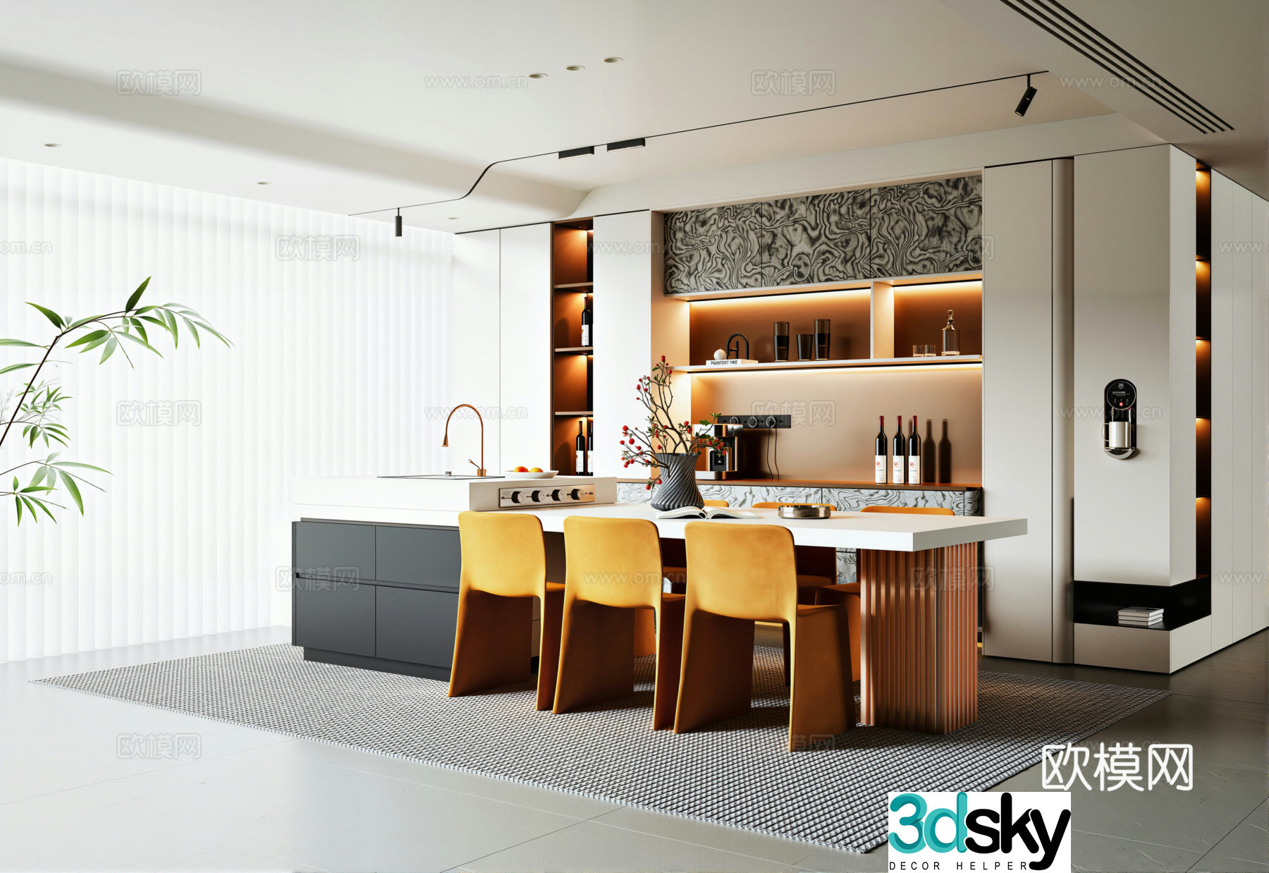 Modern minimalist Italian restaurant island dining table and chair sideboard 3D model