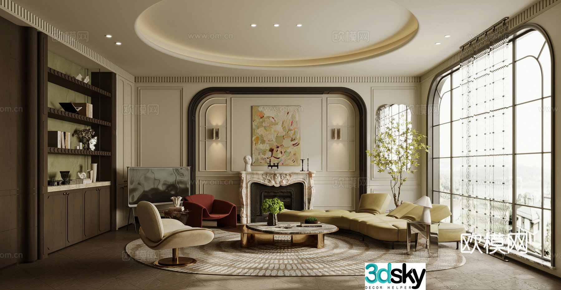French living room sofa coffee table combination single sofa curved sofa side table 3D model