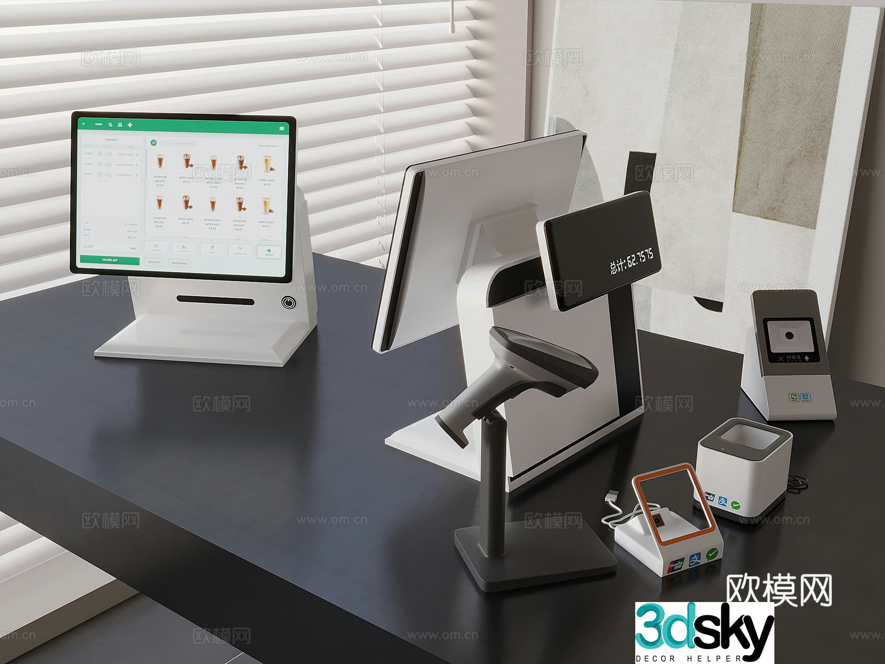 Cash register cash register system, ordering machine scan code payment, QR code payment cash register, code scanning gun 3D model