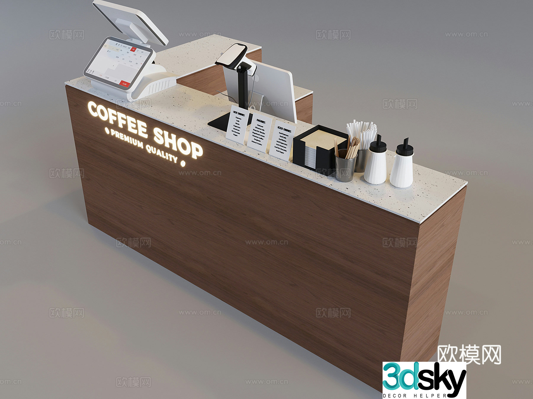 Middle-aged solid wood cashier cashier system ordering machine Apple desktop computer coffee shop cashier 3D model