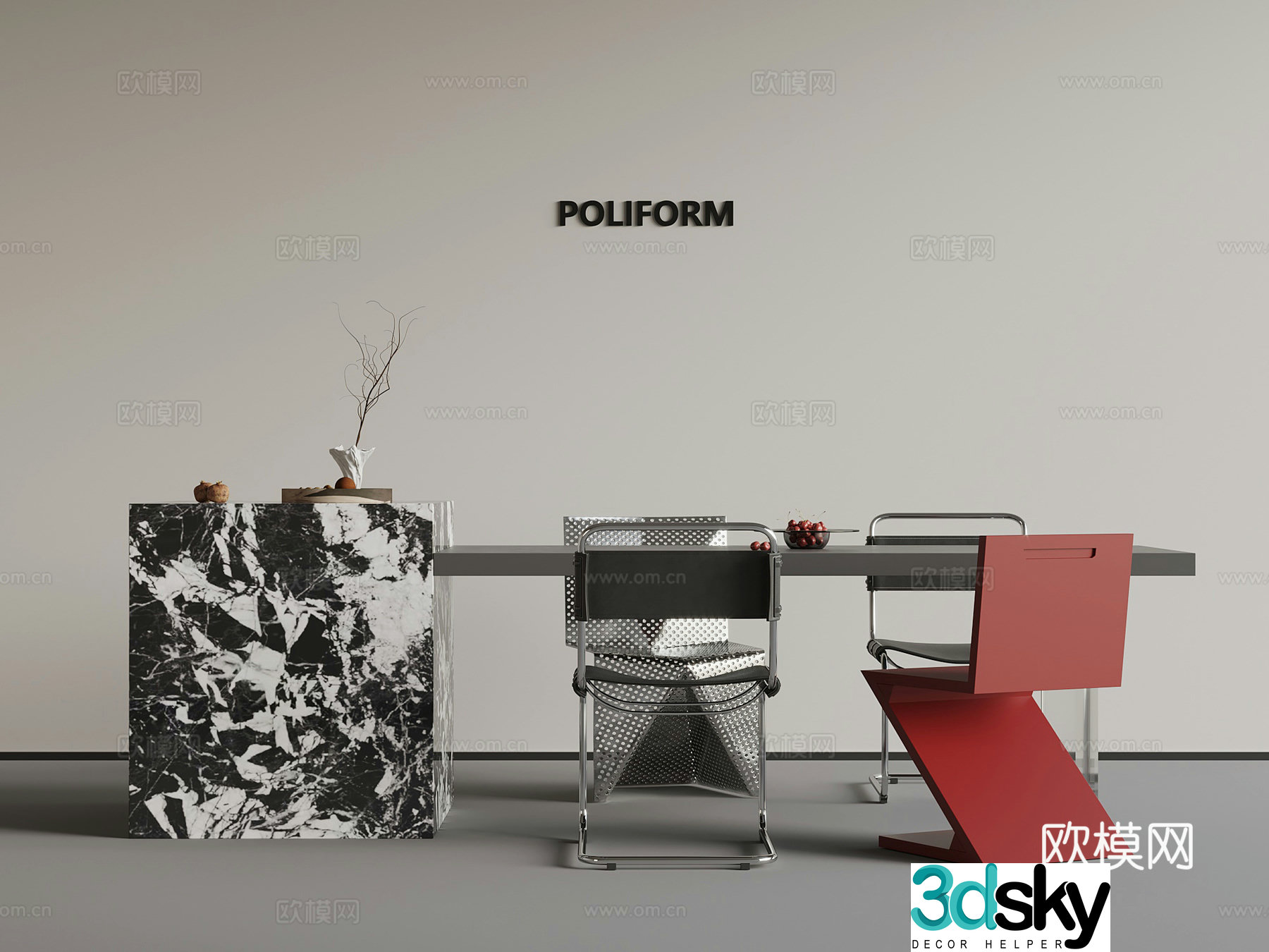 Modern simple bar island dining table and chair 3D model