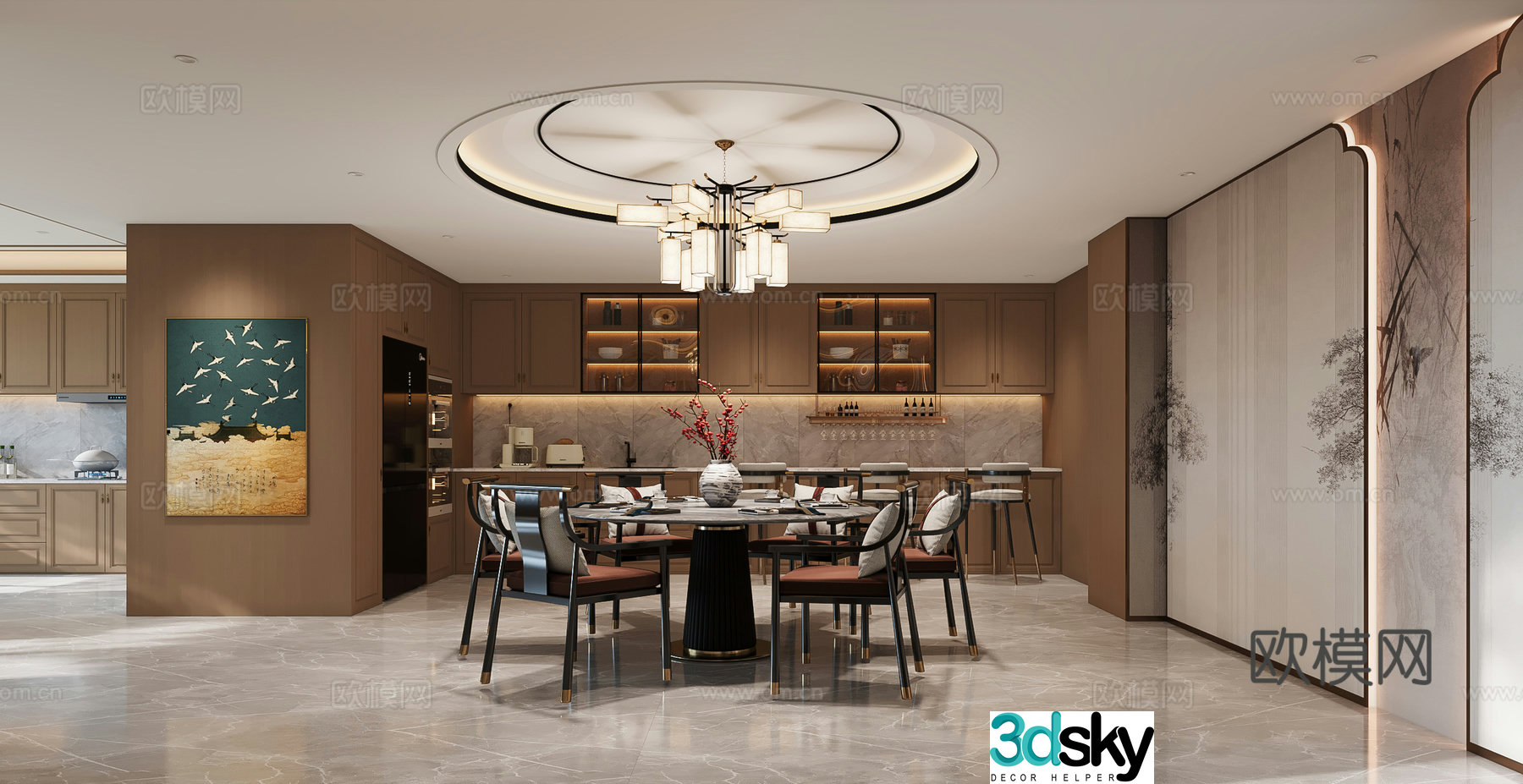 New Chinese restaurant Chinese restaurant Round dining table and chair combination 3D model