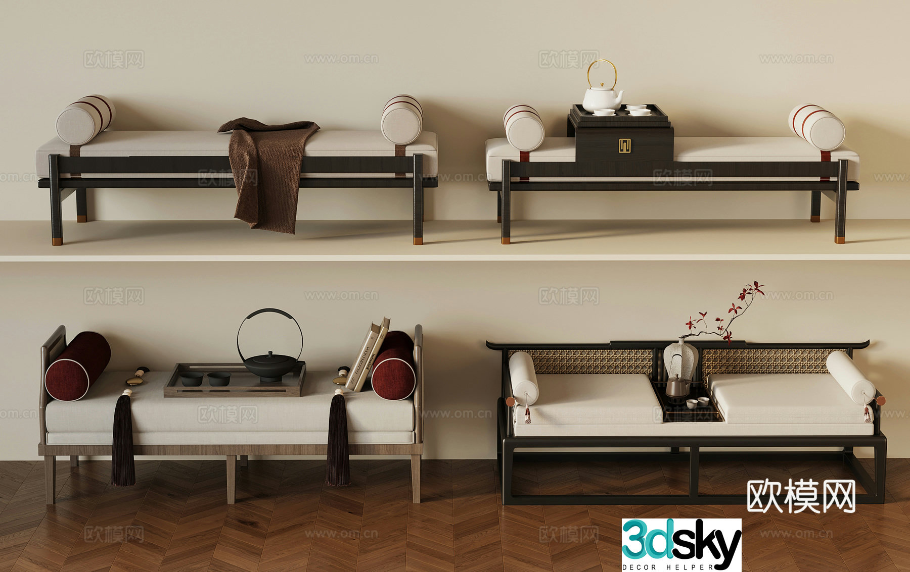 Bed tail stool New Chinese style bed stool 3D model