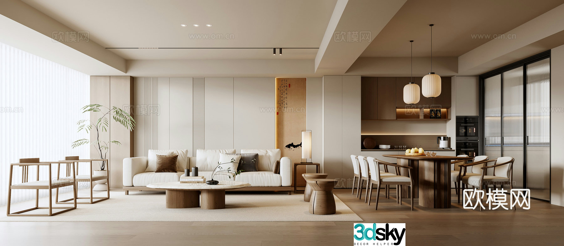 New Chinese style living and dining room 3D model