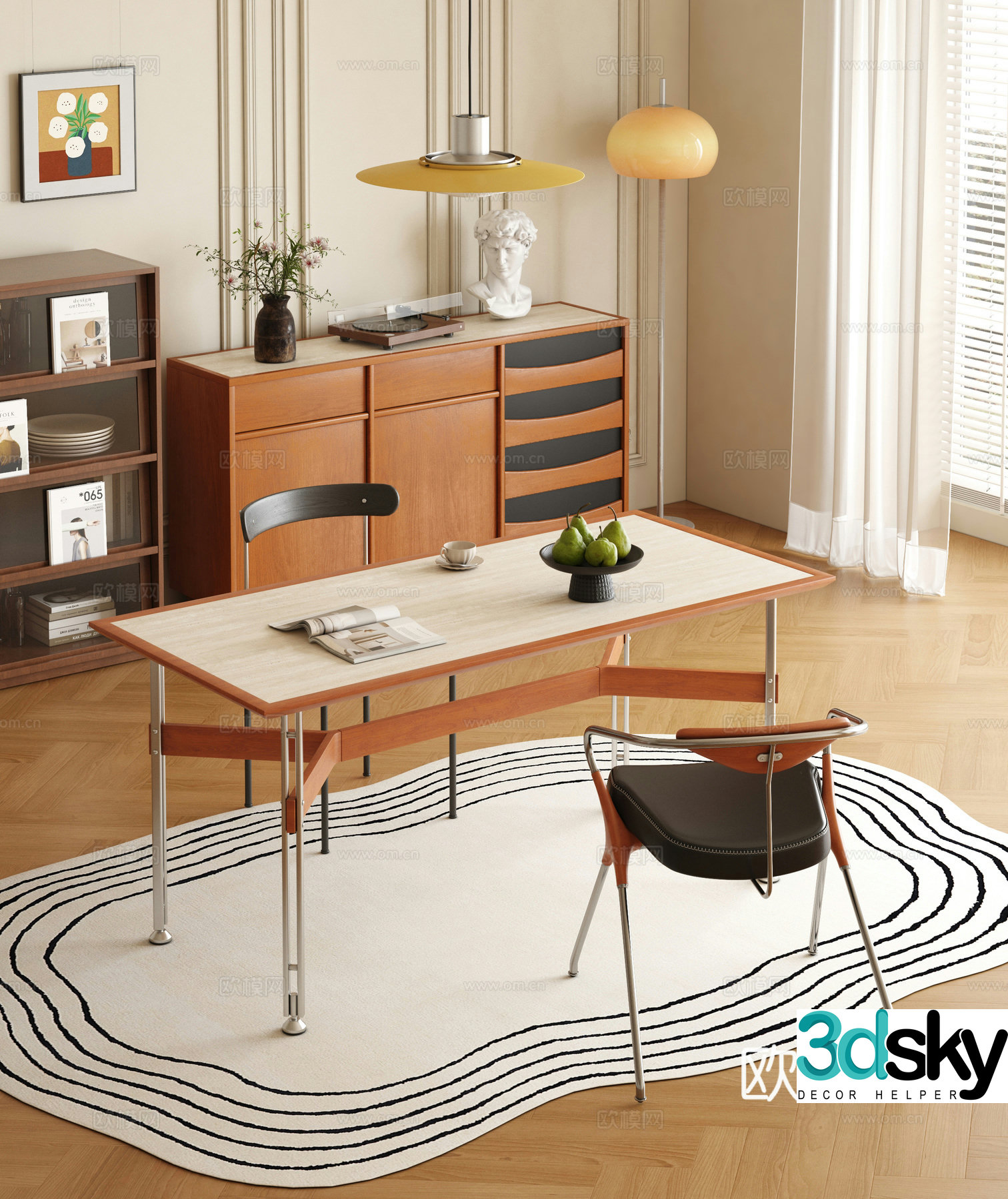 Medium vintage dining table and chairs long table solid wood hardware dining table finished dining table and chairs sideboard 3D model