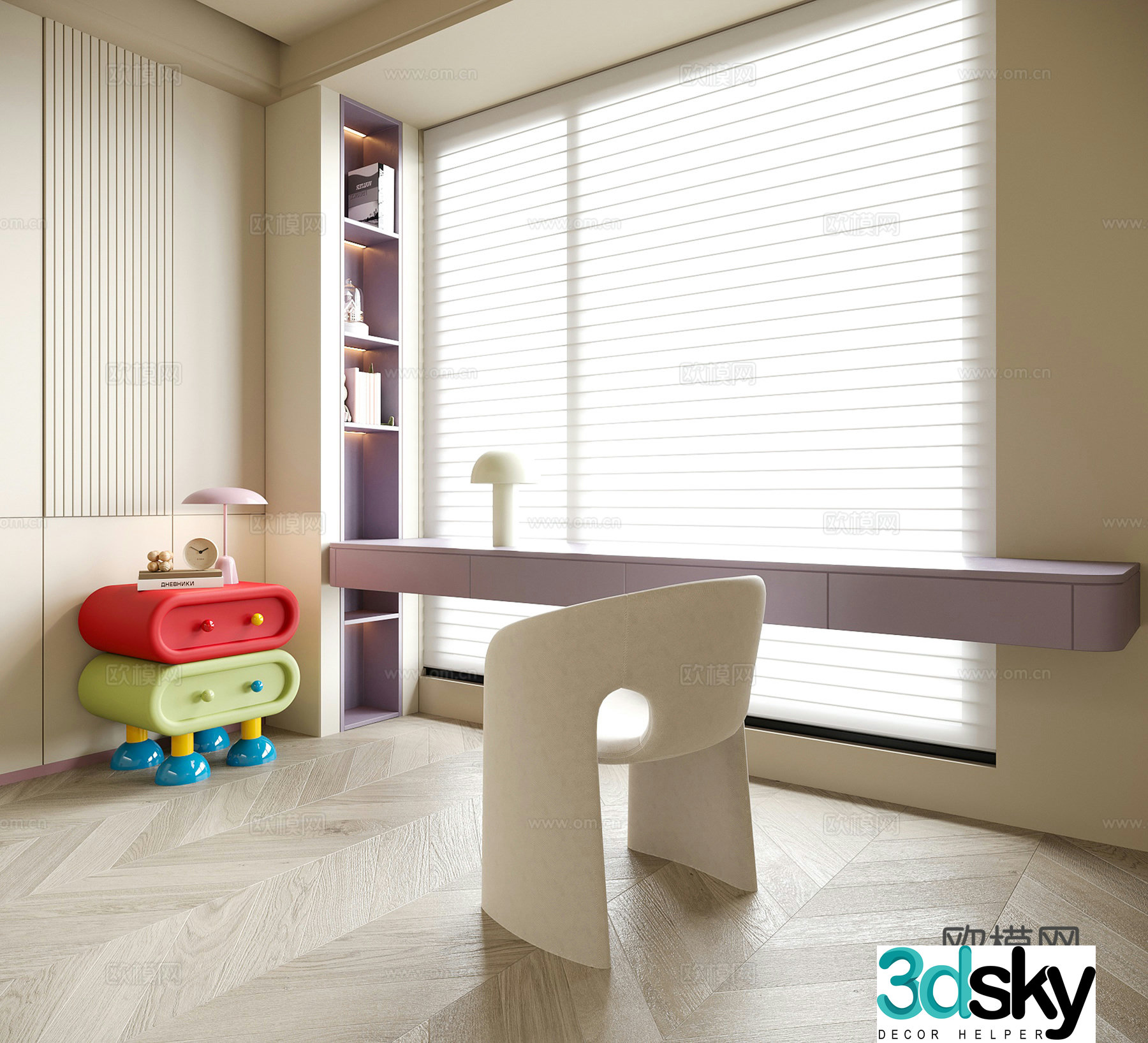 Modern bedroom desk and chair children’s bedside table venetian blinds 3d model