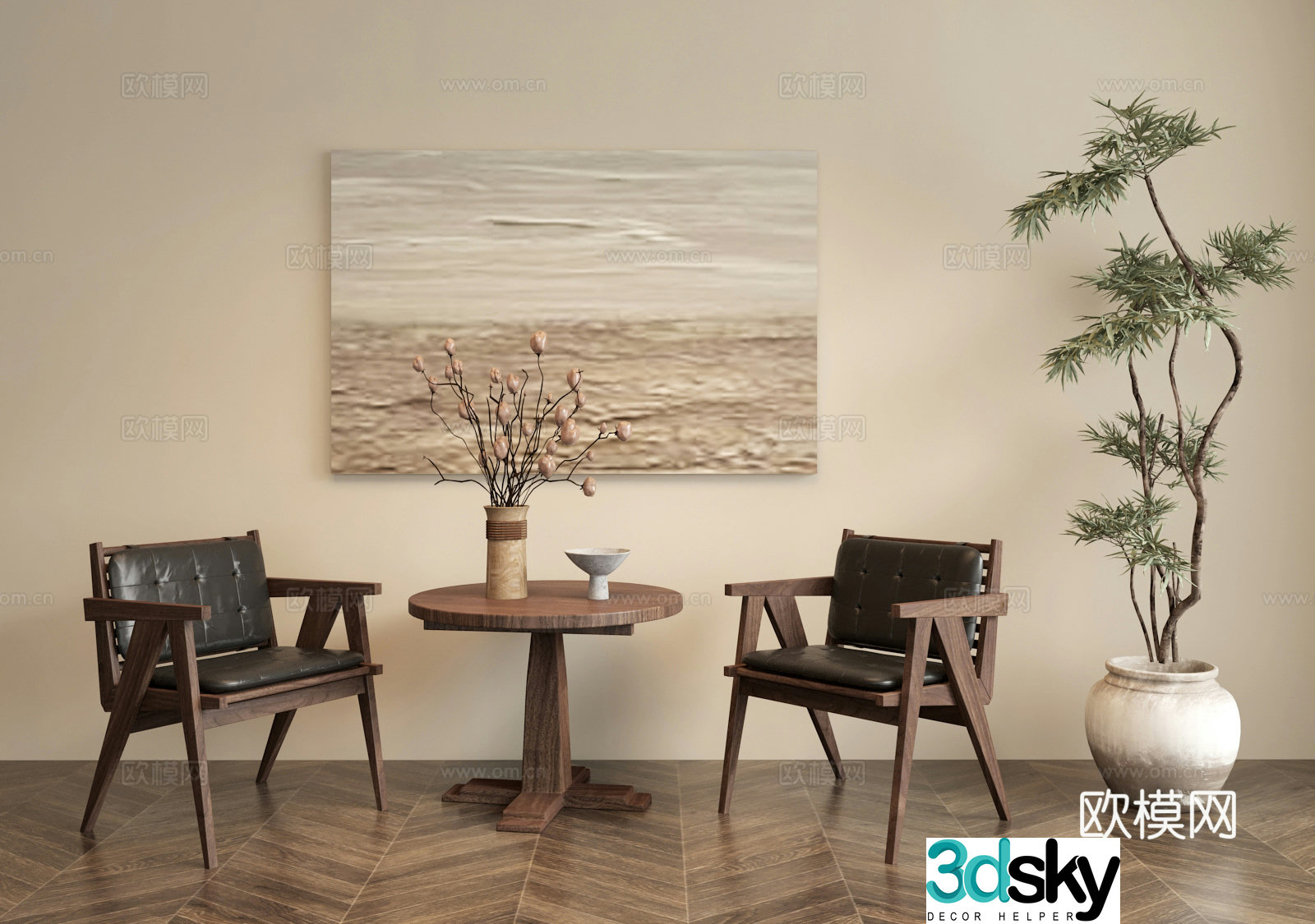 3D model of ancient leisure chair coffee table green plant potted paintings