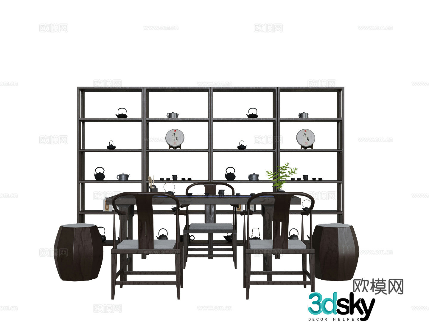 New Chinese-style tea table and chair combination tea cabinet ornament 3D model