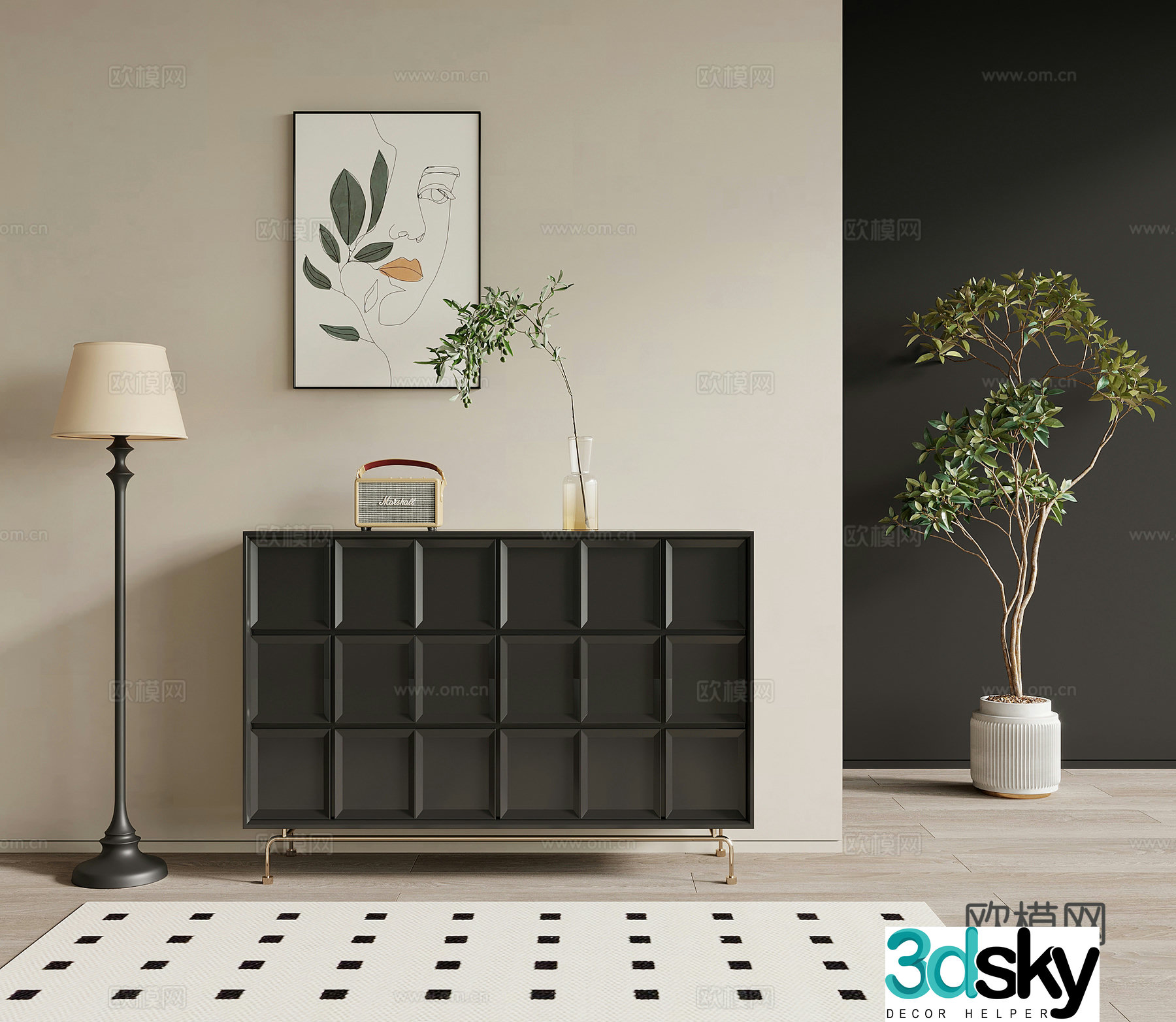 Entrance cabinet French retro style side cabinet end view cabinet floor lamp green plant 3D model
