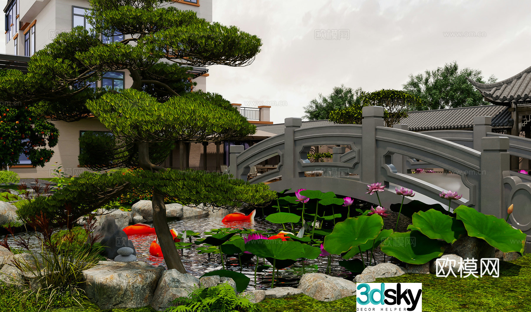 New Chinese-style fish pond courtyard landscape fish pond landscape small bridge lotus 3d model