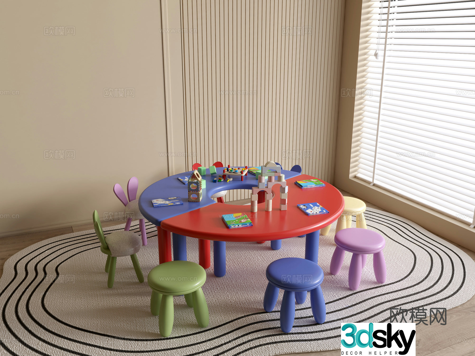 Modern kindergarten table and chairs kindergarten toys child seat combination children’s handmade table cartoon table 3d model