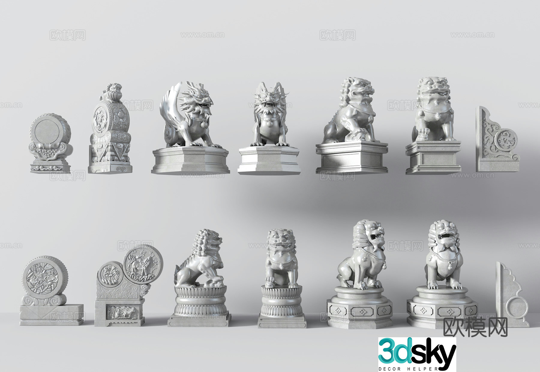 New Chinese style Chinese style drum holder stone stone lion stone carving ornaments door pillow stone column foundation column base 3D model
