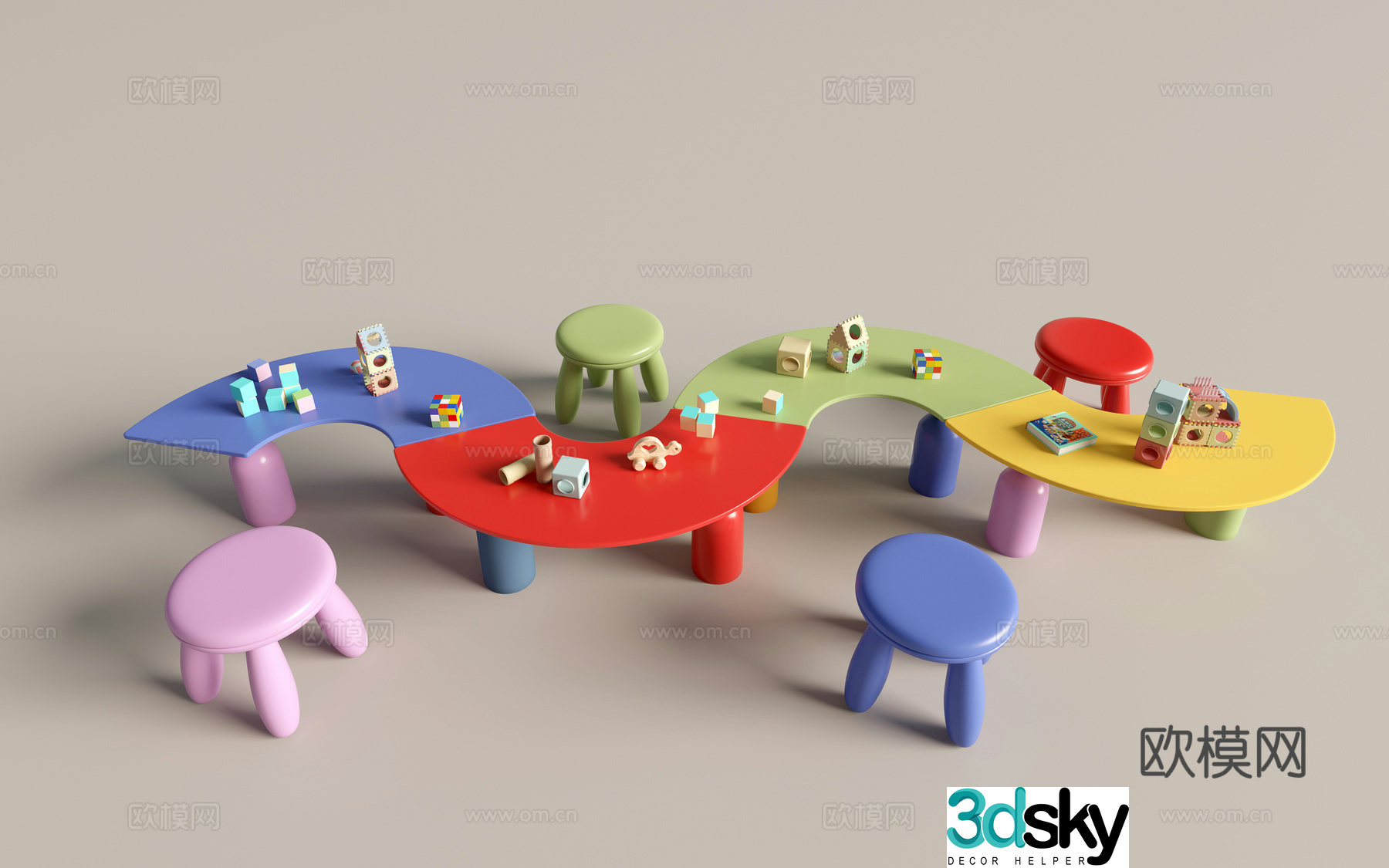 Modern kindergarten table and chairs kindergarten toys child seat combination children’s handmade table cartoon table 3d model