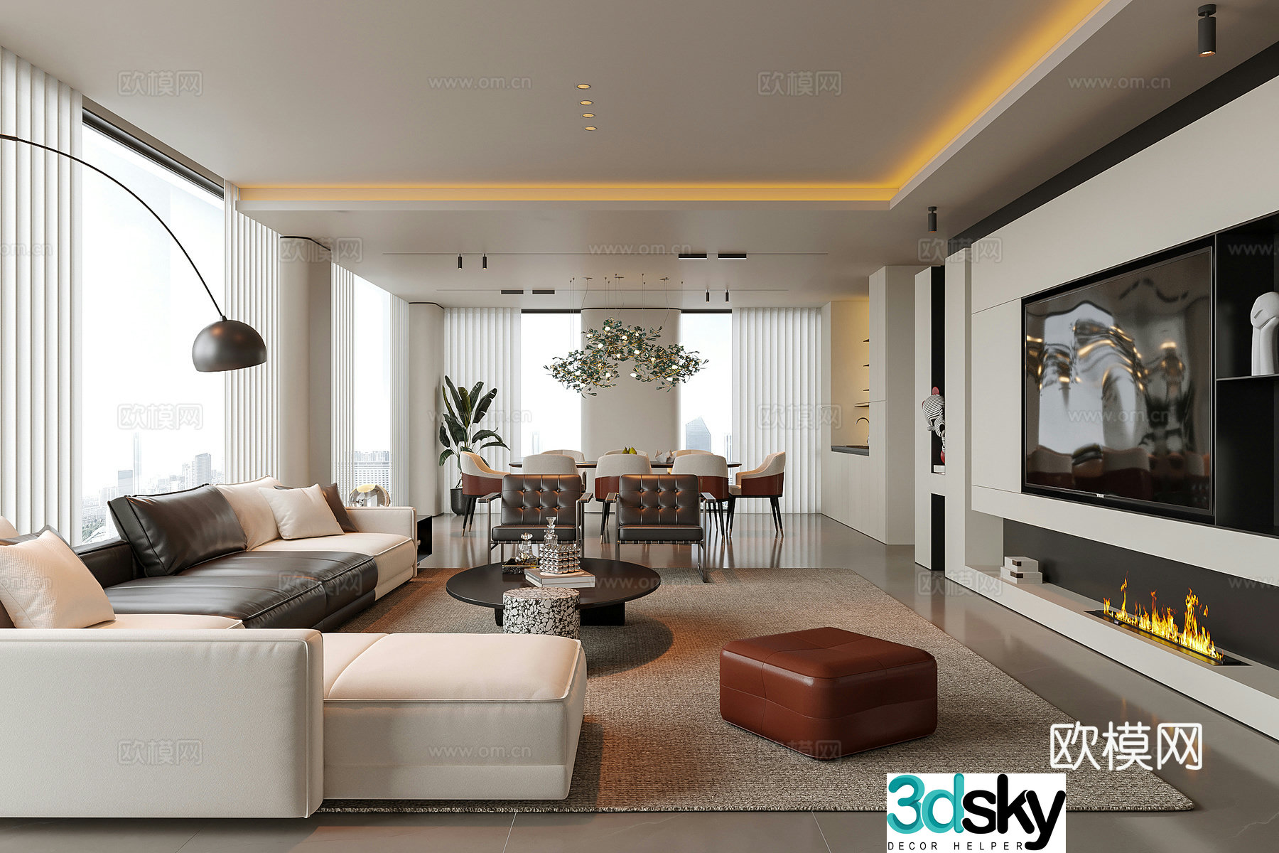 Modern living and dining room sofa coffee table living room TV background wall multi-person sofa 3d model