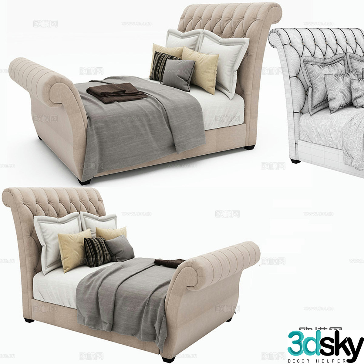 Waverly Taupe Extreme Upholstered Sleigh Bed with Button Tufted Headboard 3D Model