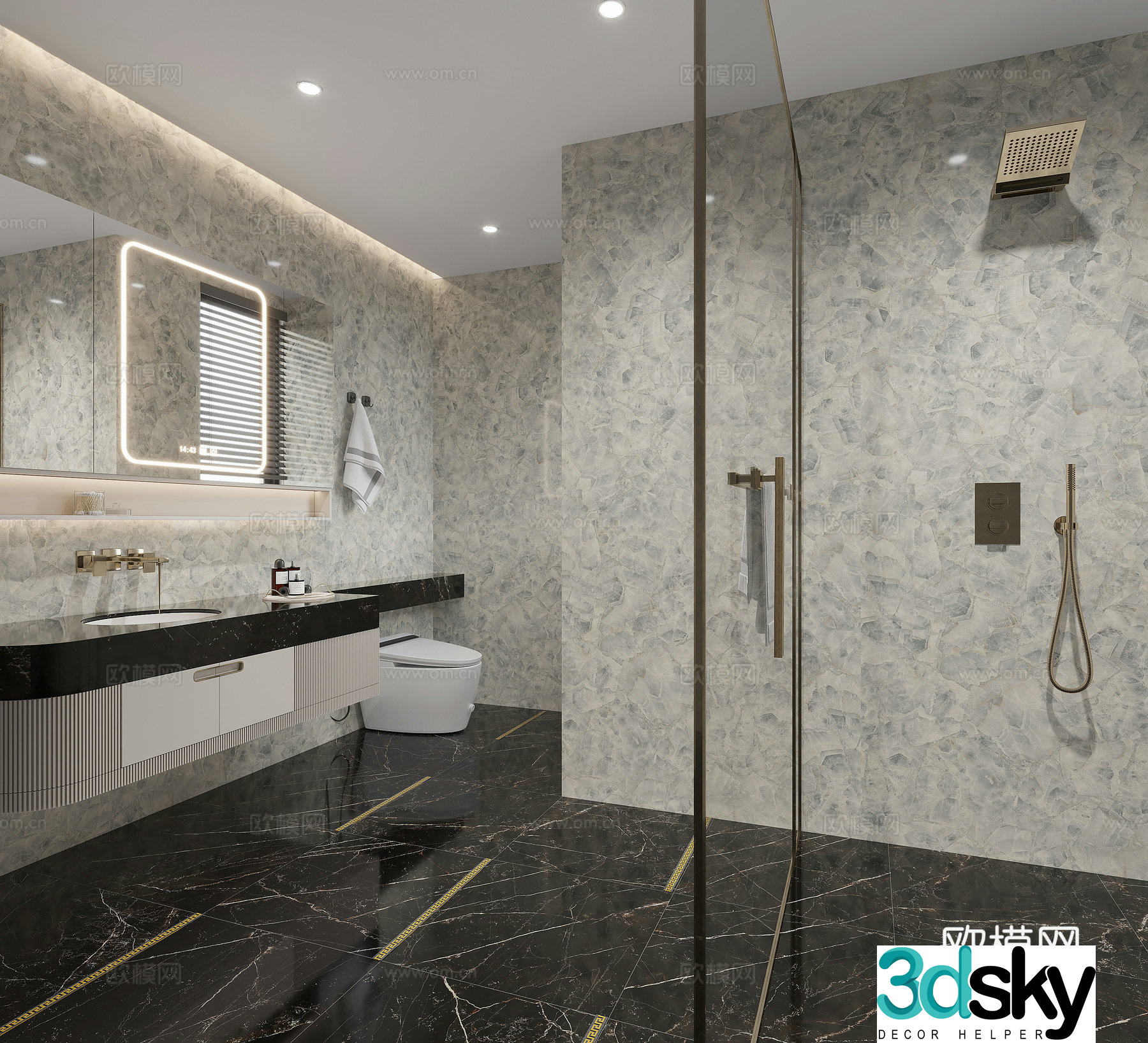 Modern light luxury bathroom dry and wet bathroom 3D model