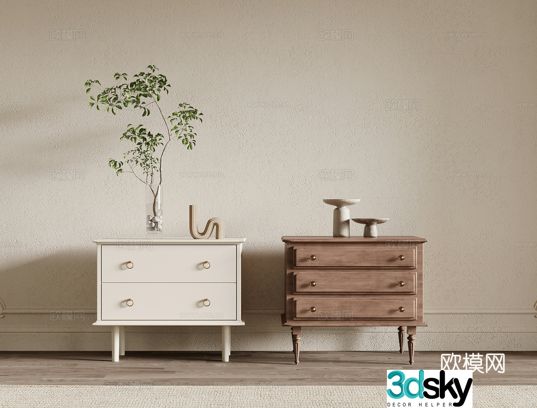 Bedside table French creamy nightstand 3D model