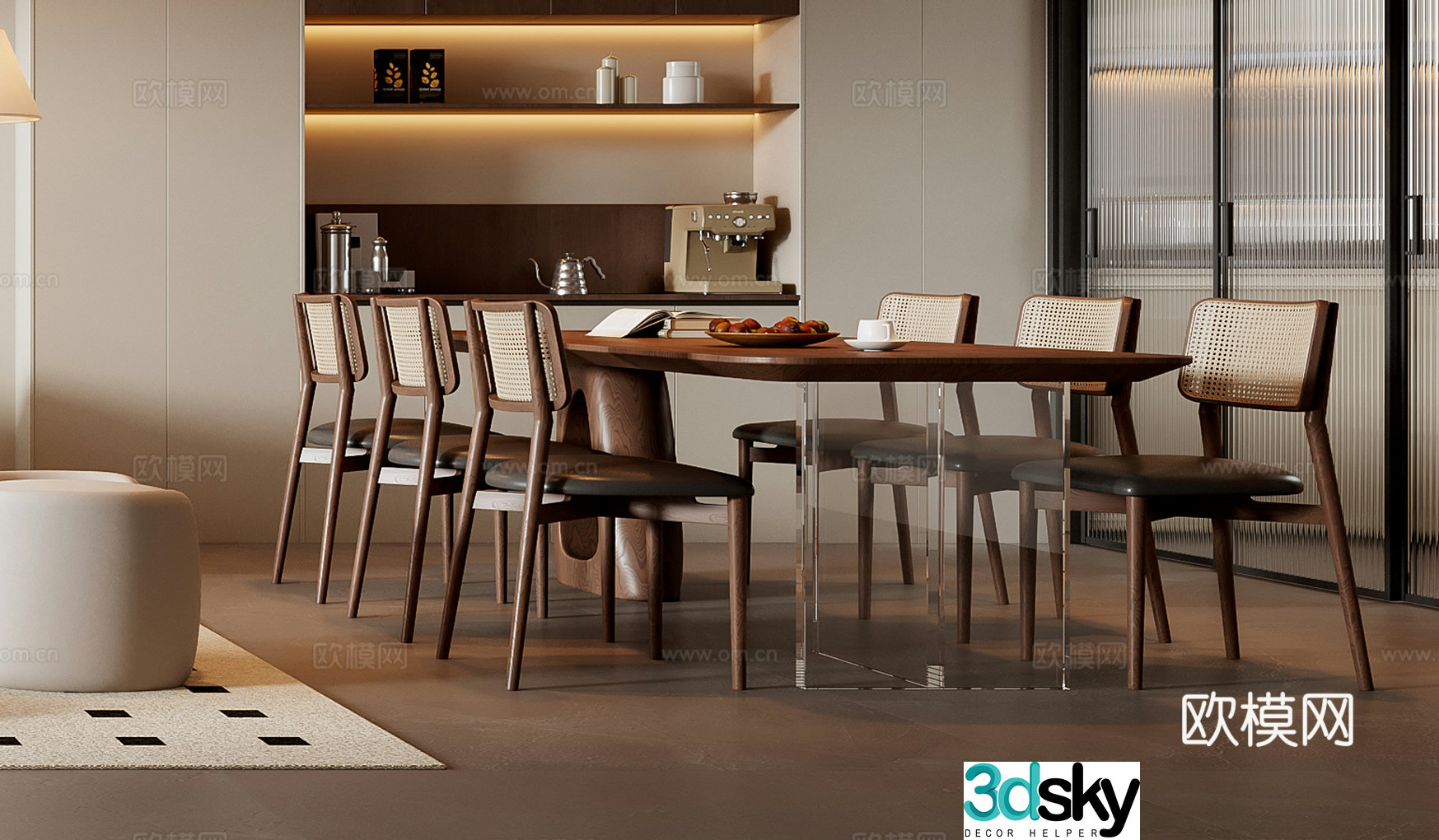 Medium style dining table and chair combination 3D model